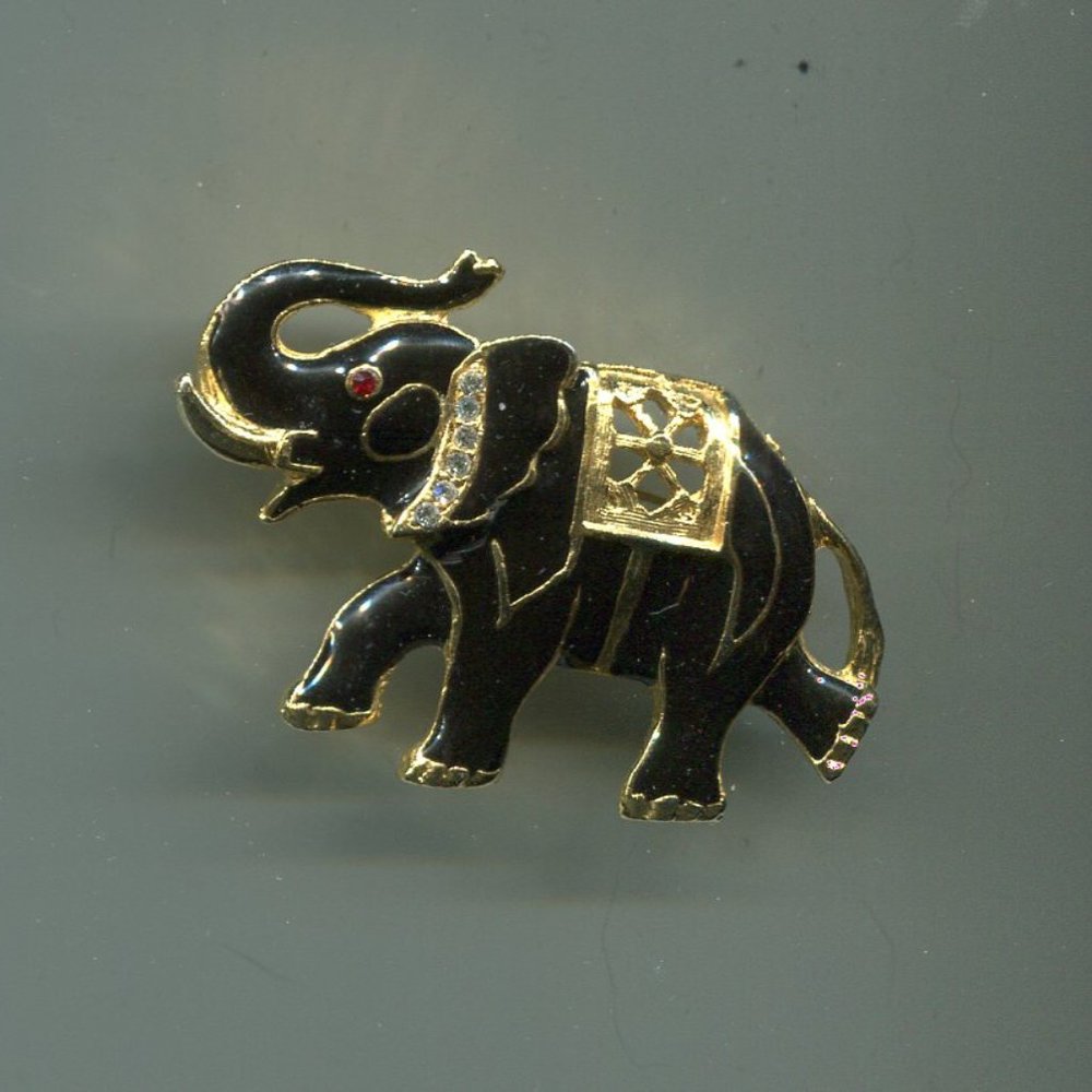GOLDTONE BLACK ENAMEL RHINESTONE COLLAR ELEPHANT